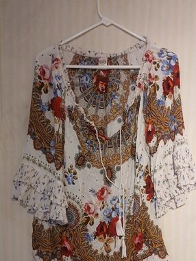 Bila Cream Boho Peasant Blouse with Red & Blue Floral Accents